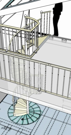 vue en 3D d'un Escalier en Colimaçon en chêne mât bois fabriqué en France